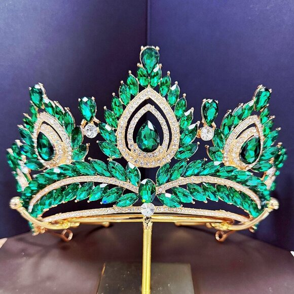 Quinceanera Crown, Green Rhinestone Crown, Large Size Crown, Gold Crystal Crown main image 4